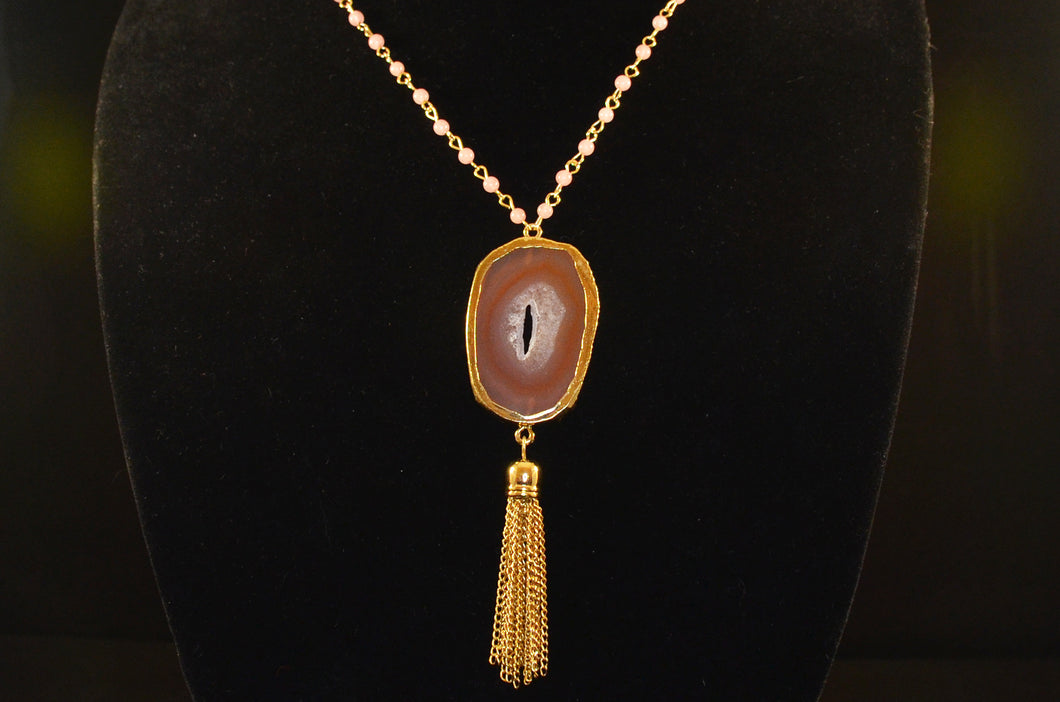 Coral Geode Pendant with Gold Tassel